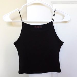 Black crop tank with spaghetti silk woven straps